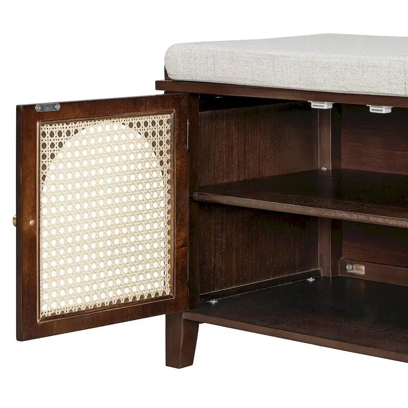 Banc de rangement avec coussin, 2 tiroirs et portes en rotin pour entrée