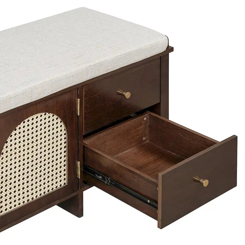 Banc de rangement avec coussin, 2 tiroirs et portes en rotin pour entrée