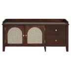 Banc de rangement avec coussin, 2 tiroirs et portes en rotin pour entrée