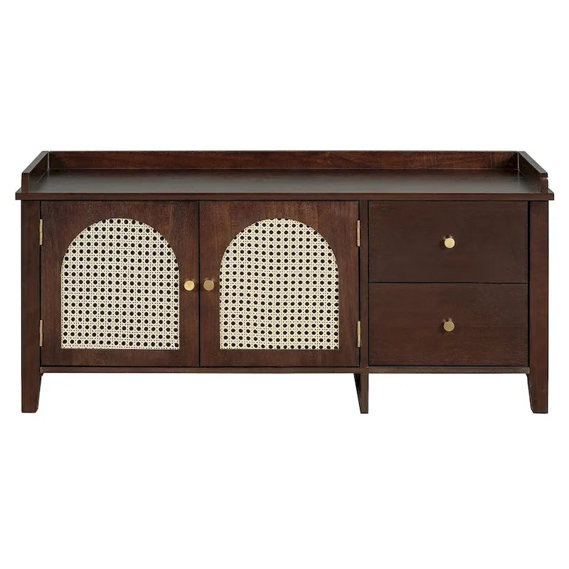 Banc de rangement avec coussin, 2 tiroirs et portes en rotin pour entrée