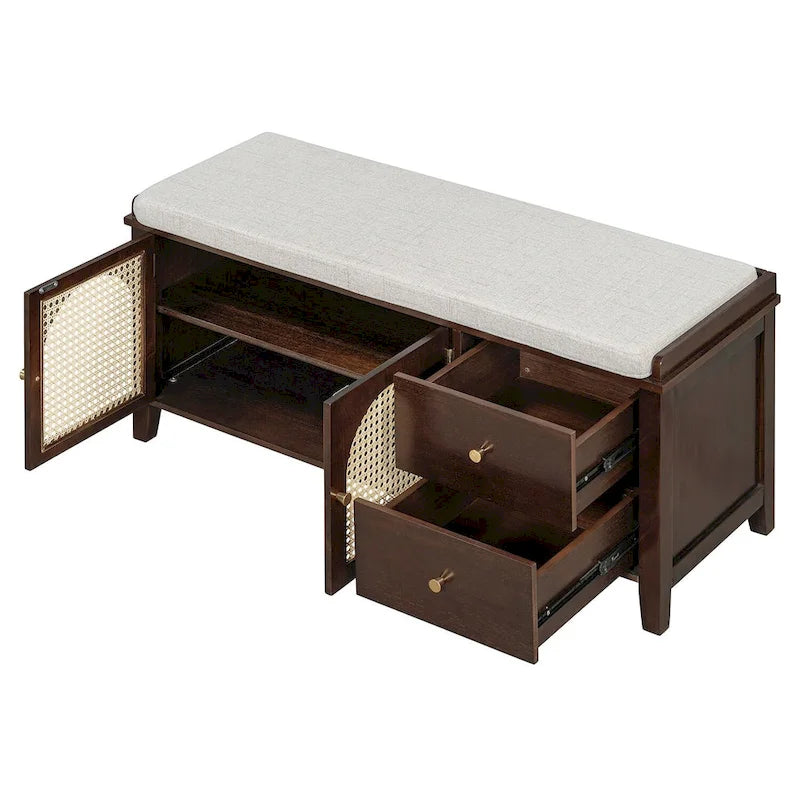 Banc de rangement avec coussin, 2 tiroirs et portes en rotin pour entrée