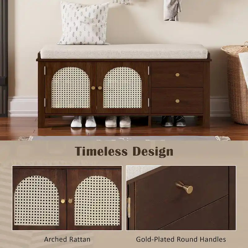 Banc de rangement avec coussin, 2 tiroirs et portes en rotin pour entrée