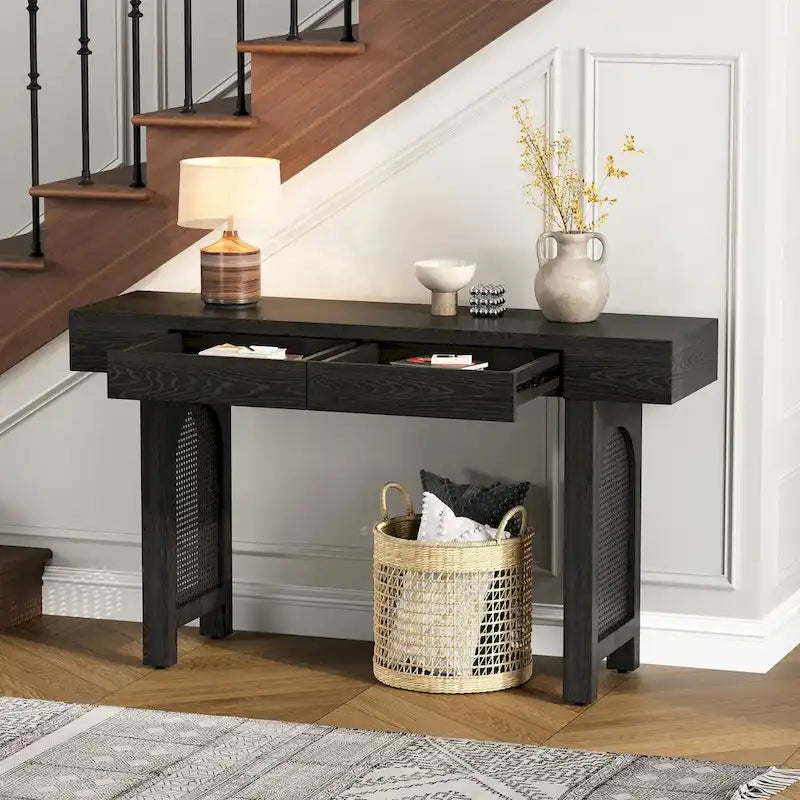 Console étroite avec accent en rotin – Noir antique