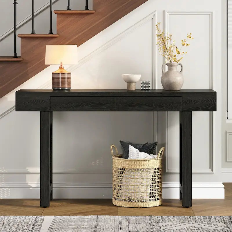 Console étroite avec accent en rotin – Noir antique