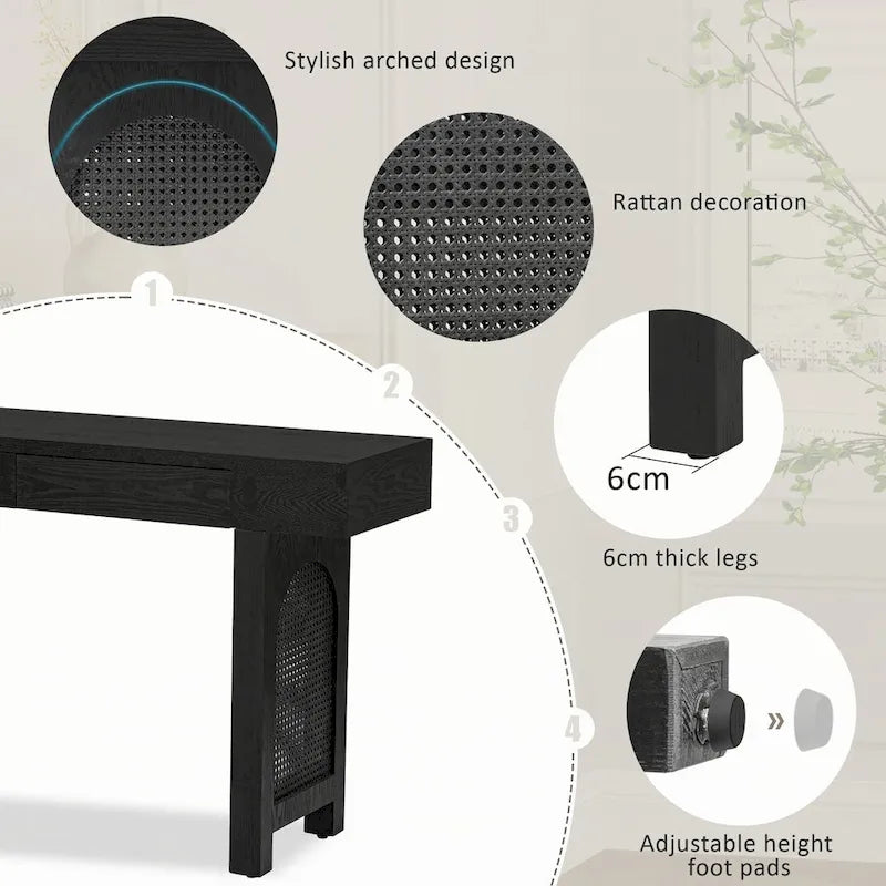 Console étroite avec accent en rotin – Noir antique