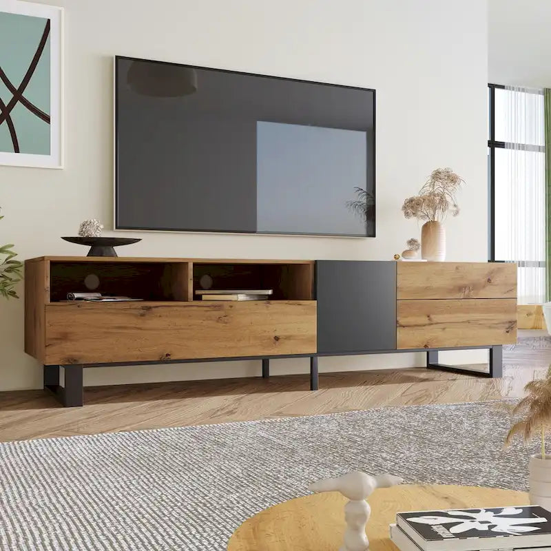 Meuble TV Wood+Grey 70 avec double rangement et porte abattante, pour TV jusqu'à 80 pouces