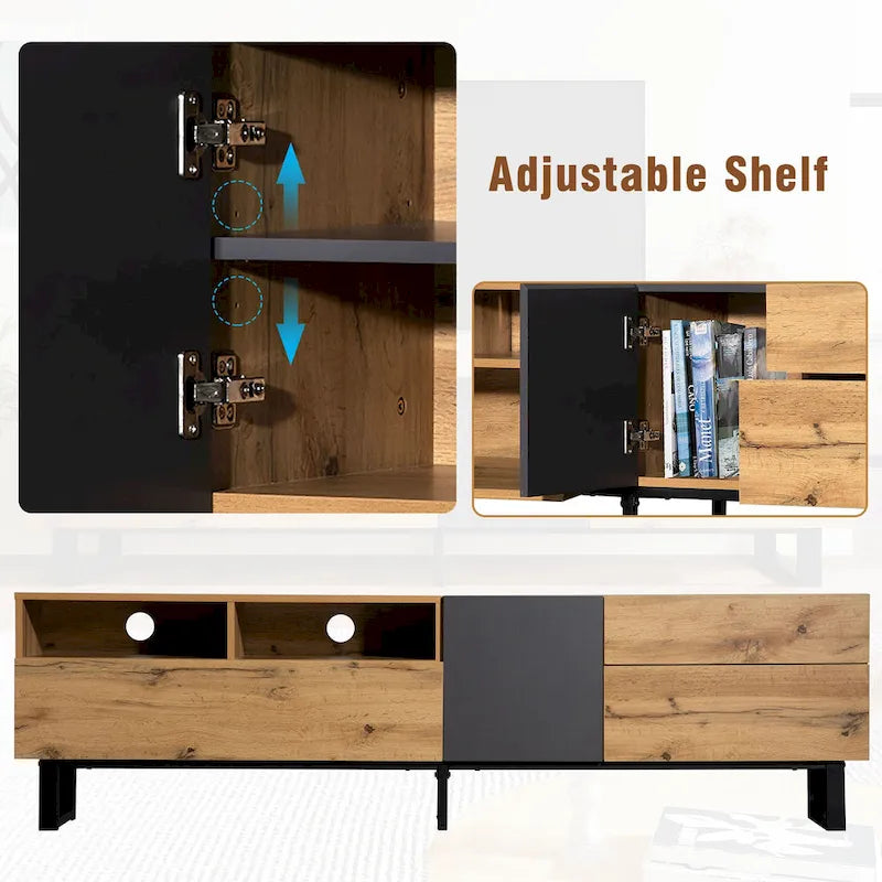 Meuble TV Wood+Grey 70 avec double rangement et porte abattante, pour TV jusqu'à 80 pouces