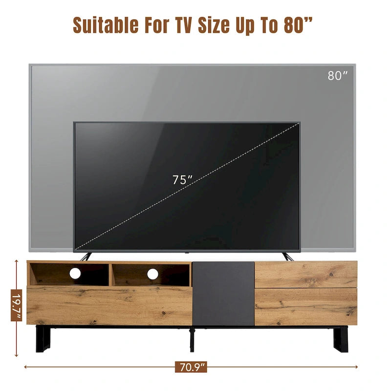 Meuble TV Wood+Grey 70 avec double rangement et porte abattante, pour TV jusqu'à 80 pouces