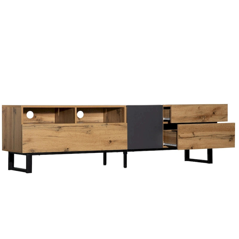 Meuble TV Wood+Grey 70 avec double rangement et porte abattante, pour TV jusqu'à 80 pouces