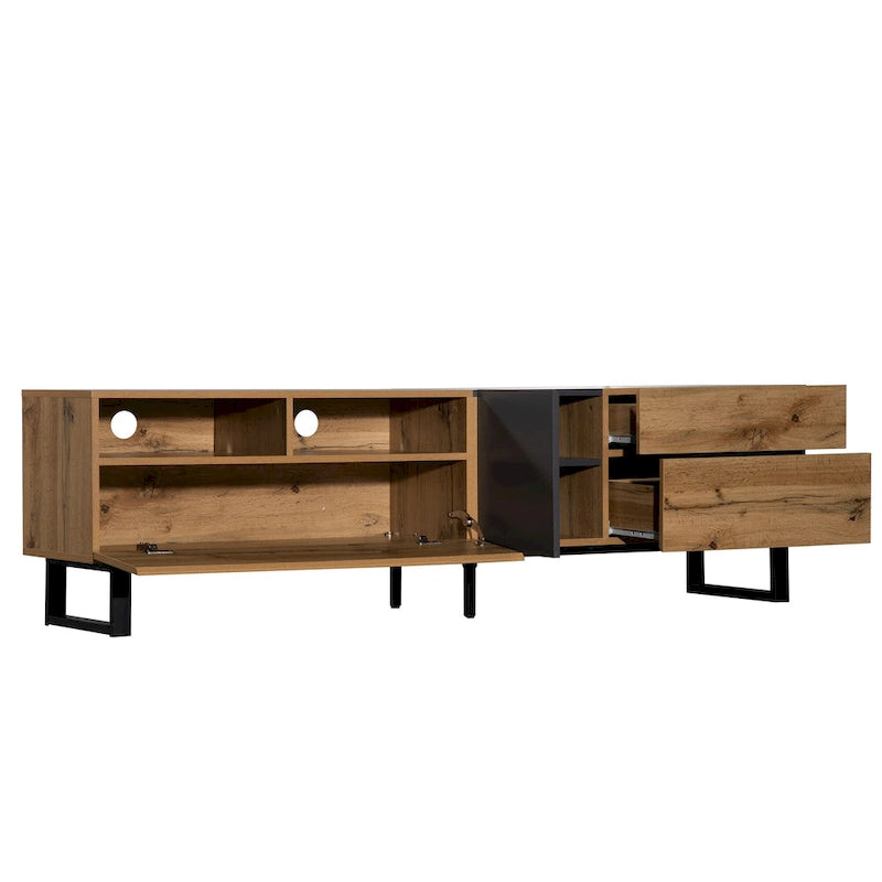 Meuble TV Wood+Grey 70 avec double rangement et porte abattante, pour TV jusqu'à 80 pouces