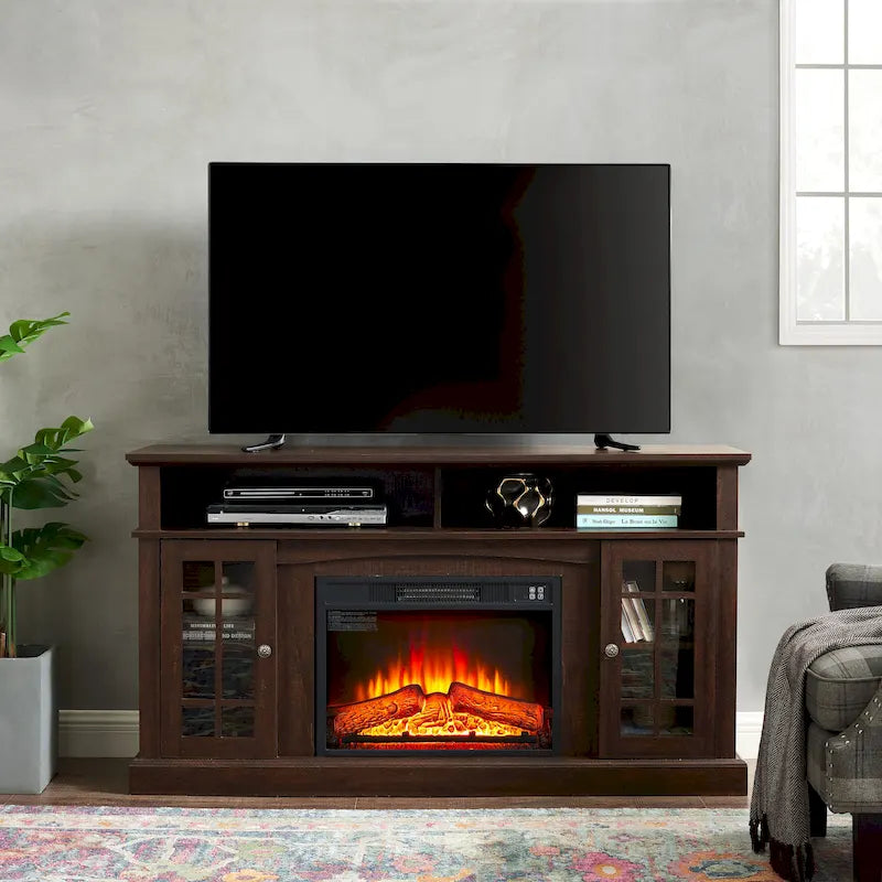 Meuble TV cheminée de 58 po avec rangements ouverts et fermés pour téléviseurs jusqu'à 65 po