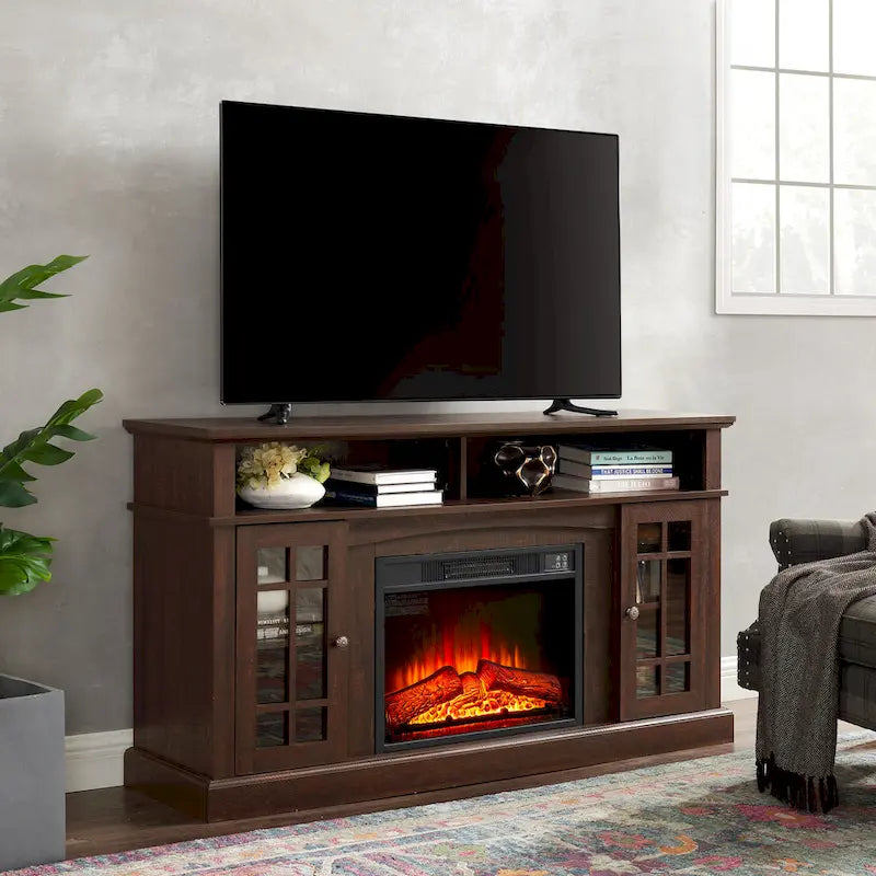 Meuble TV cheminée de 58 po avec rangements ouverts et fermés pour téléviseurs jusqu'à 65 po