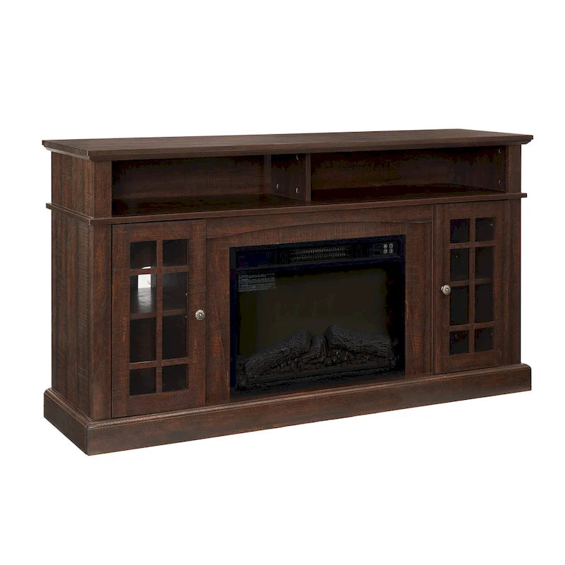 Meuble TV cheminée de 58 po avec rangements ouverts et fermés pour téléviseurs jusqu'à 65 po