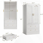 Armoire penderie avec 2 portes à persiennes, tringles à vêtements et 2 tiroirs
