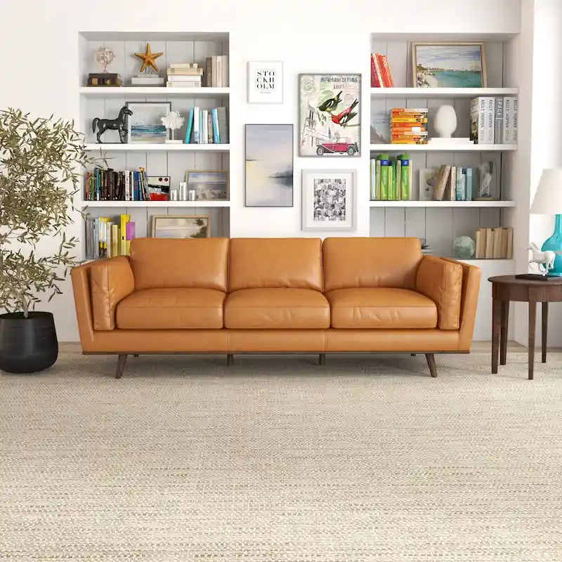  Mid Century Modern Furniture Style Living Room Leather Sofa in Tan