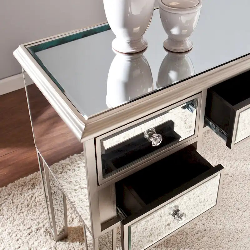Console en verre effet miroir avec 5 tiroirs