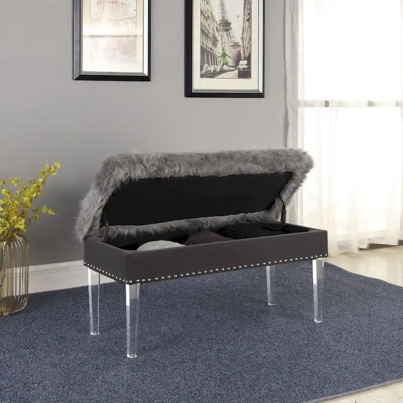 Banc de rangement touffeté en fausse fourrure avec pieds en acrylique