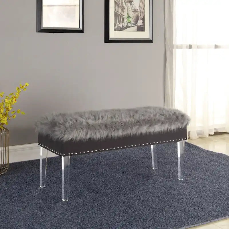 Banc de rangement touffeté en fausse fourrure avec pieds en acrylique