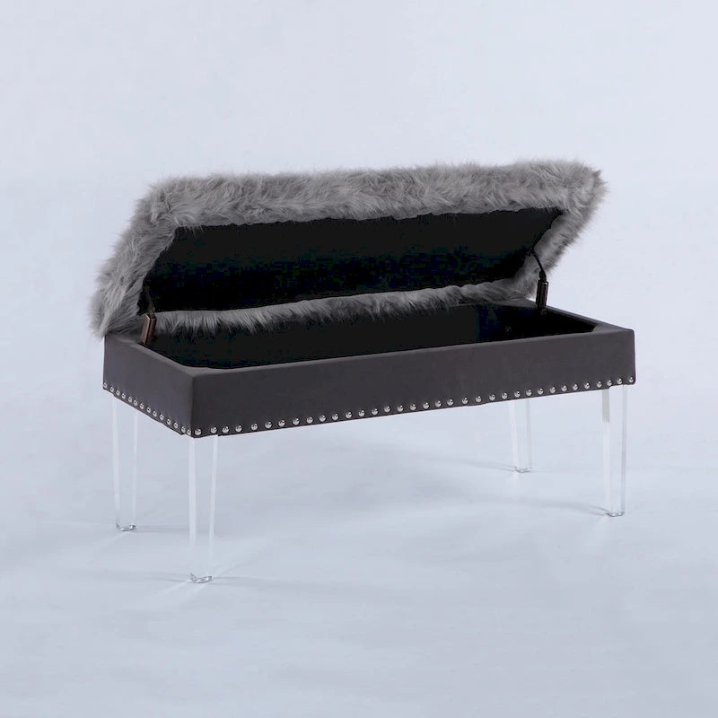 Banc de rangement touffeté en fausse fourrure avec pieds en acrylique