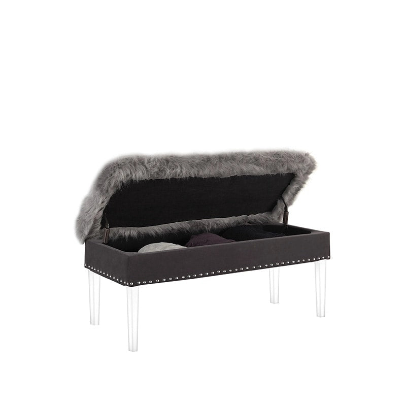 Banc de rangement touffeté en fausse fourrure avec pieds en acrylique