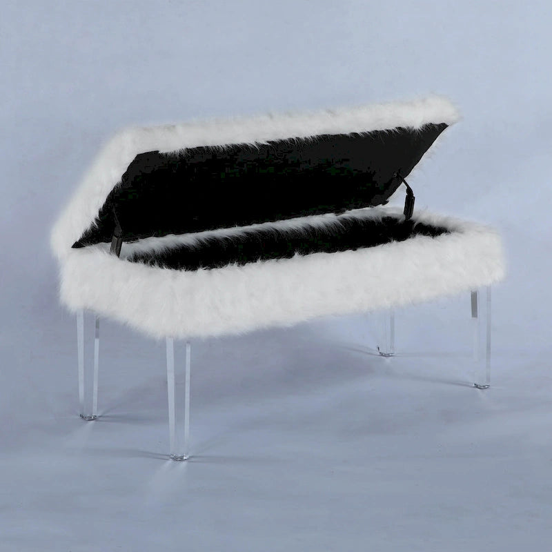 Banc de rangement touffeté en fausse fourrure avec pieds en acrylique
