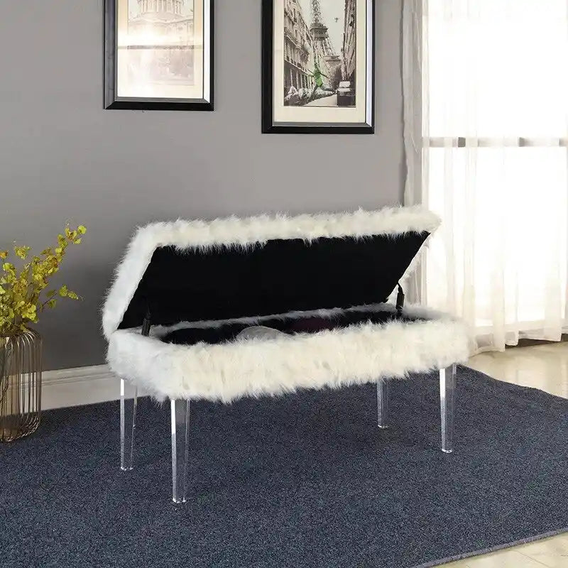 Banc de rangement touffeté en fausse fourrure avec pieds en acrylique