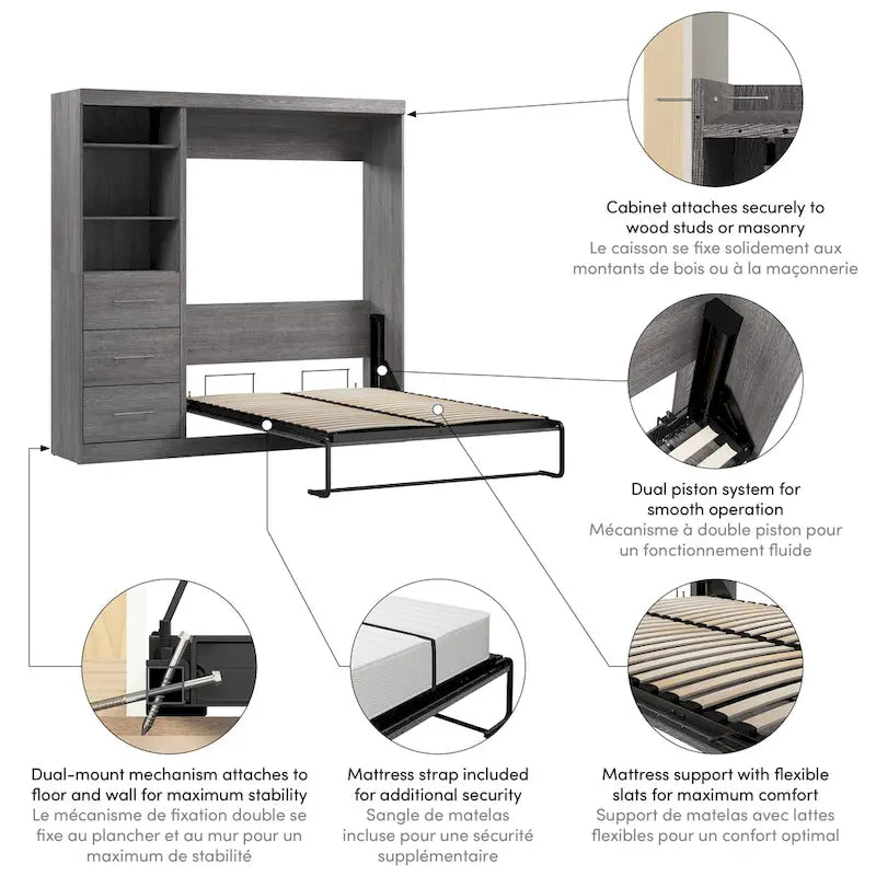 Lit mural double avec organisateur de penderie et tiroirs