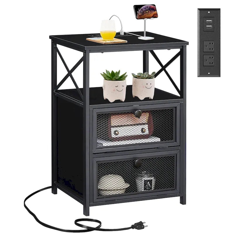 Table de chevet avec station de charge, 2 tiroirs basculants, 2 ports USB et 2 prises CA