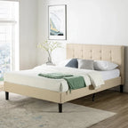 Lit plateforme capitonné en tissu beige - Très grand lit