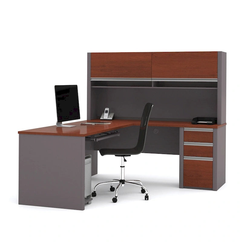 Bureau en L avec huche et caisson de rangement