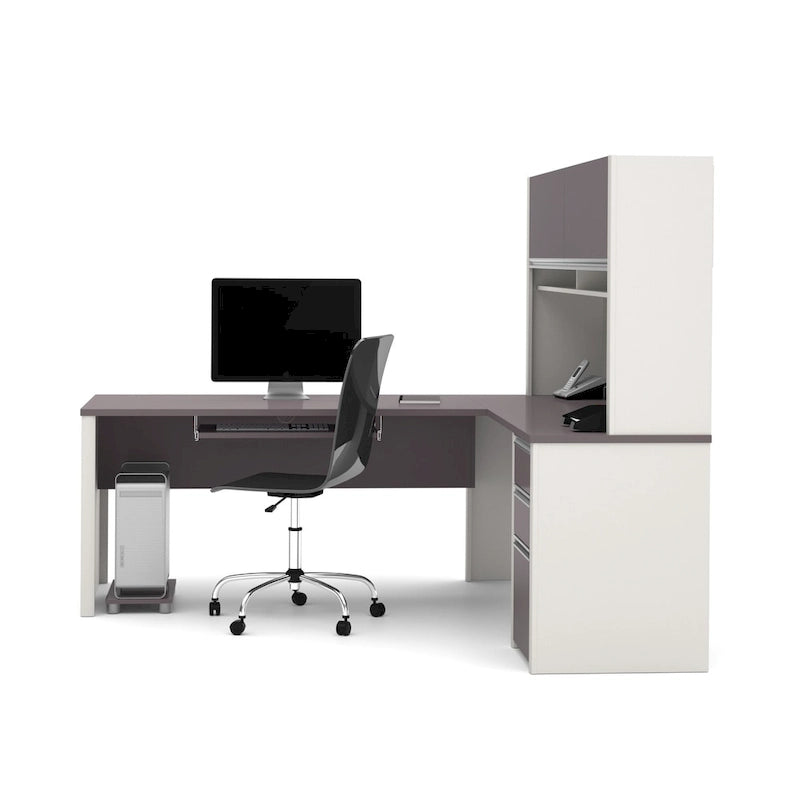 Bureau en L avec huche et caisson de rangement