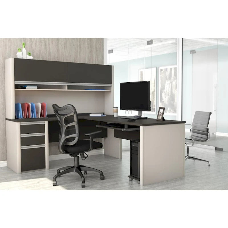 Bureau en L avec huche et caisson de rangement