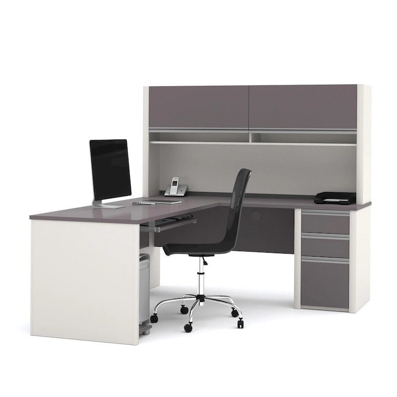 Bureau en L avec huche et caisson de rangement