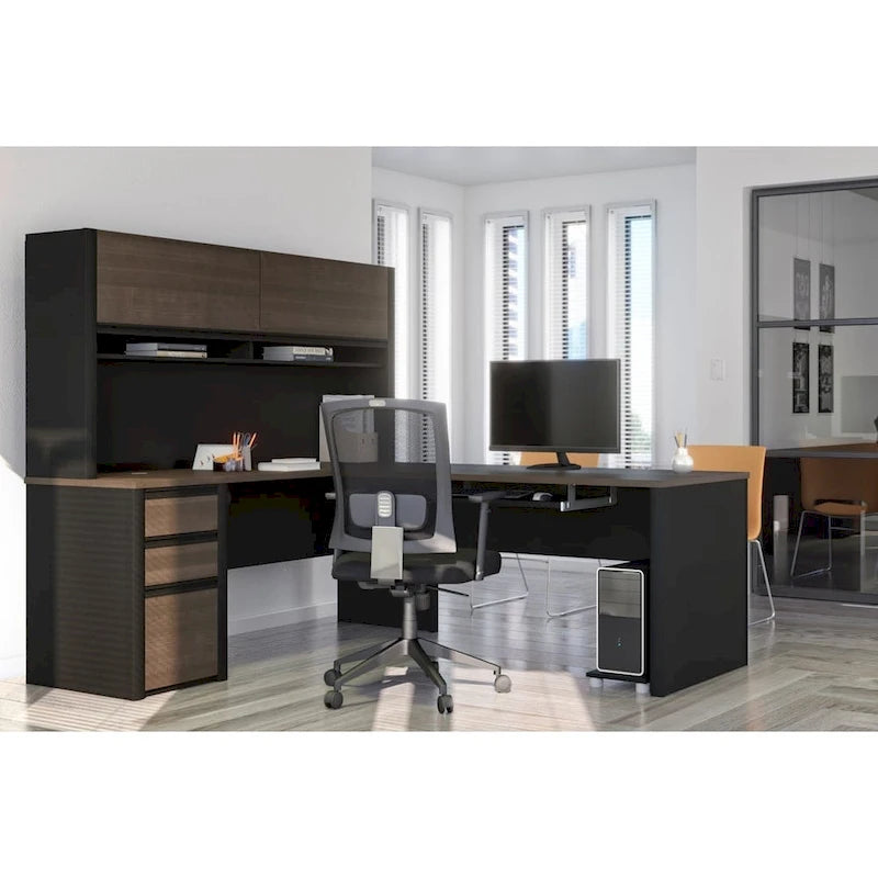 Bureau en L avec huche et caisson de rangement