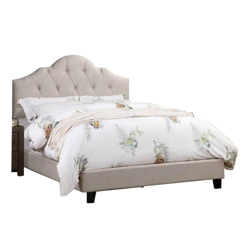 Lit Queen Size rembourré, tête de lit capitonnée réglable, tissu taupe