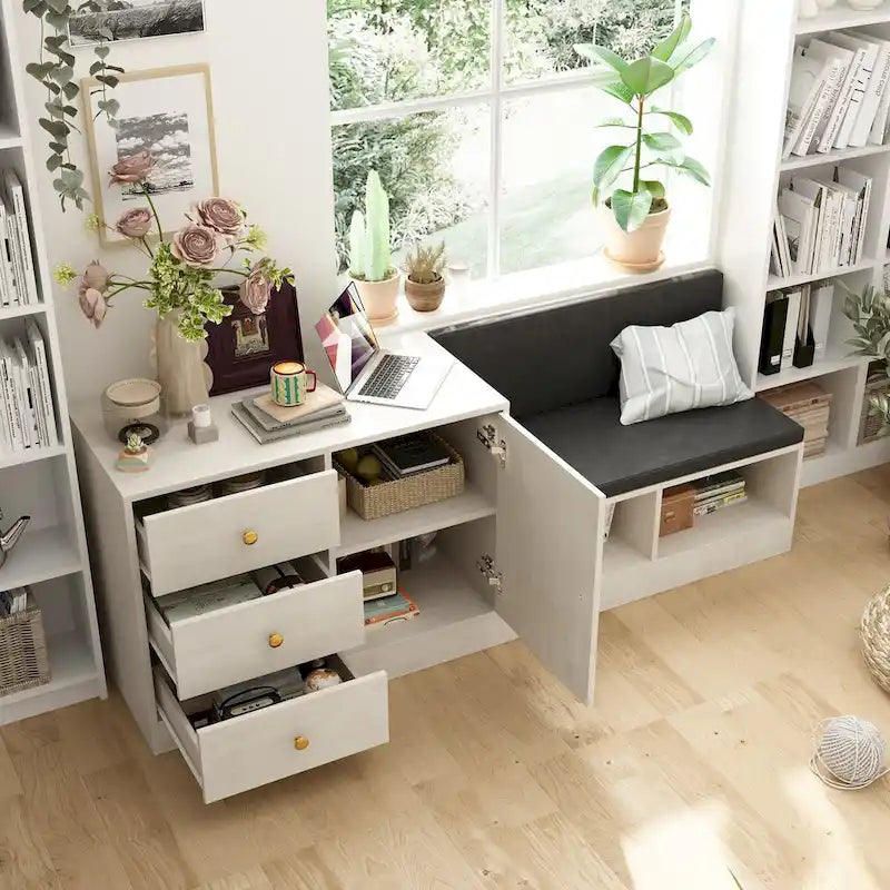 Banc de rangement pour chaussures avec siège rembourré et étagères réglables