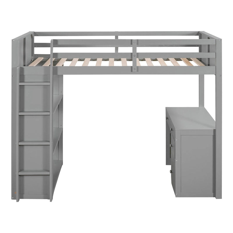Lit mezzanine une place avec échelle, étagères, bureau 4 tiroirs et sommier à lattes en bois