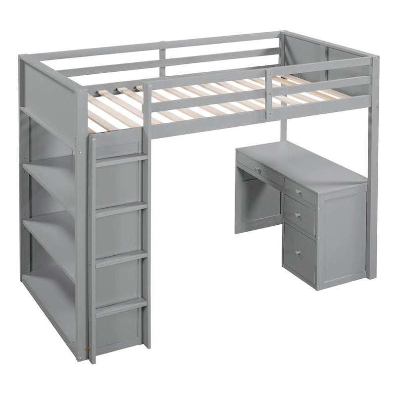 Lit mezzanine une place avec échelle, étagères, bureau 4 tiroirs et sommier à lattes en bois