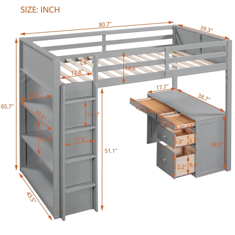 Lit mezzanine une place avec échelle, étagères, bureau 4 tiroirs et sommier à lattes en bois