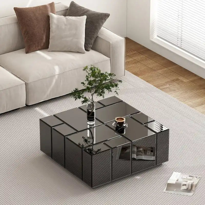Table basse carrée avec surface miroir et sections coulissantes