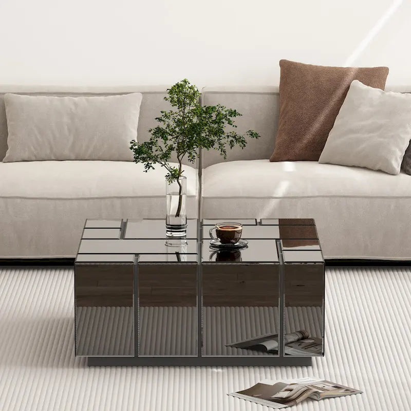Table basse carrée avec surface miroir et sections coulissantes