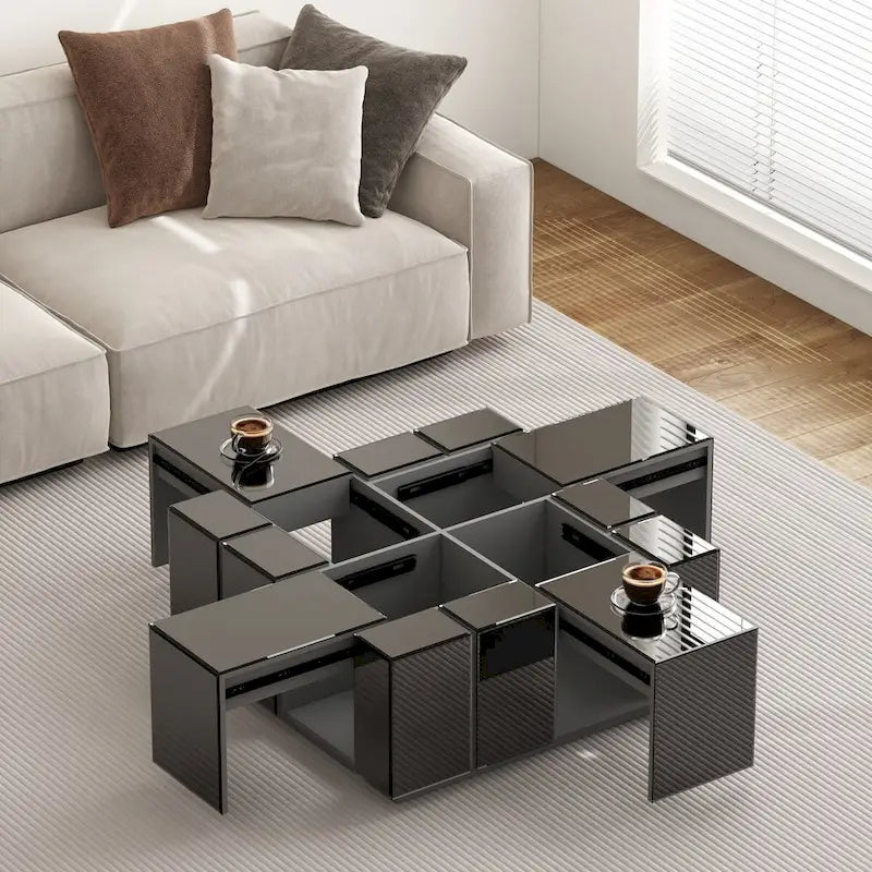 Table basse carrée avec surface miroir et sections coulissantes