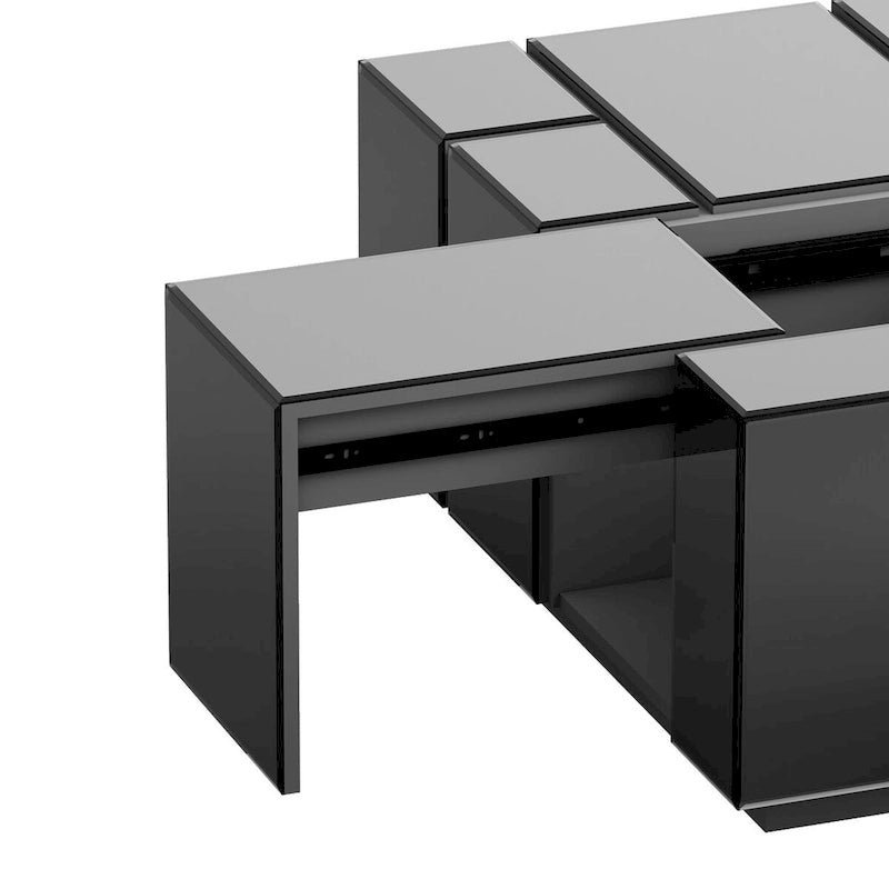 Table basse carrée avec surface miroir et sections coulissantes