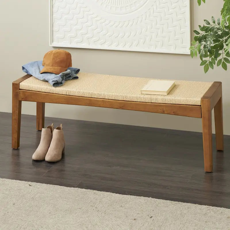 Banc d'intérieur traditionnel fait main en bois avec assise en corde tressée - Marron -