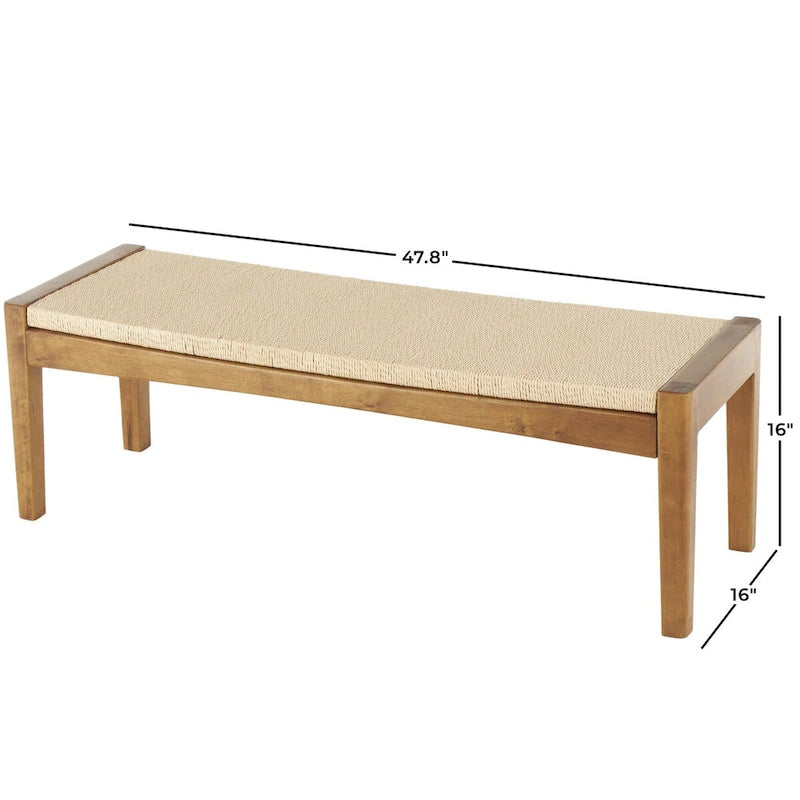 Banc d'intérieur traditionnel fait main en bois avec assise en corde tressée - Marron -